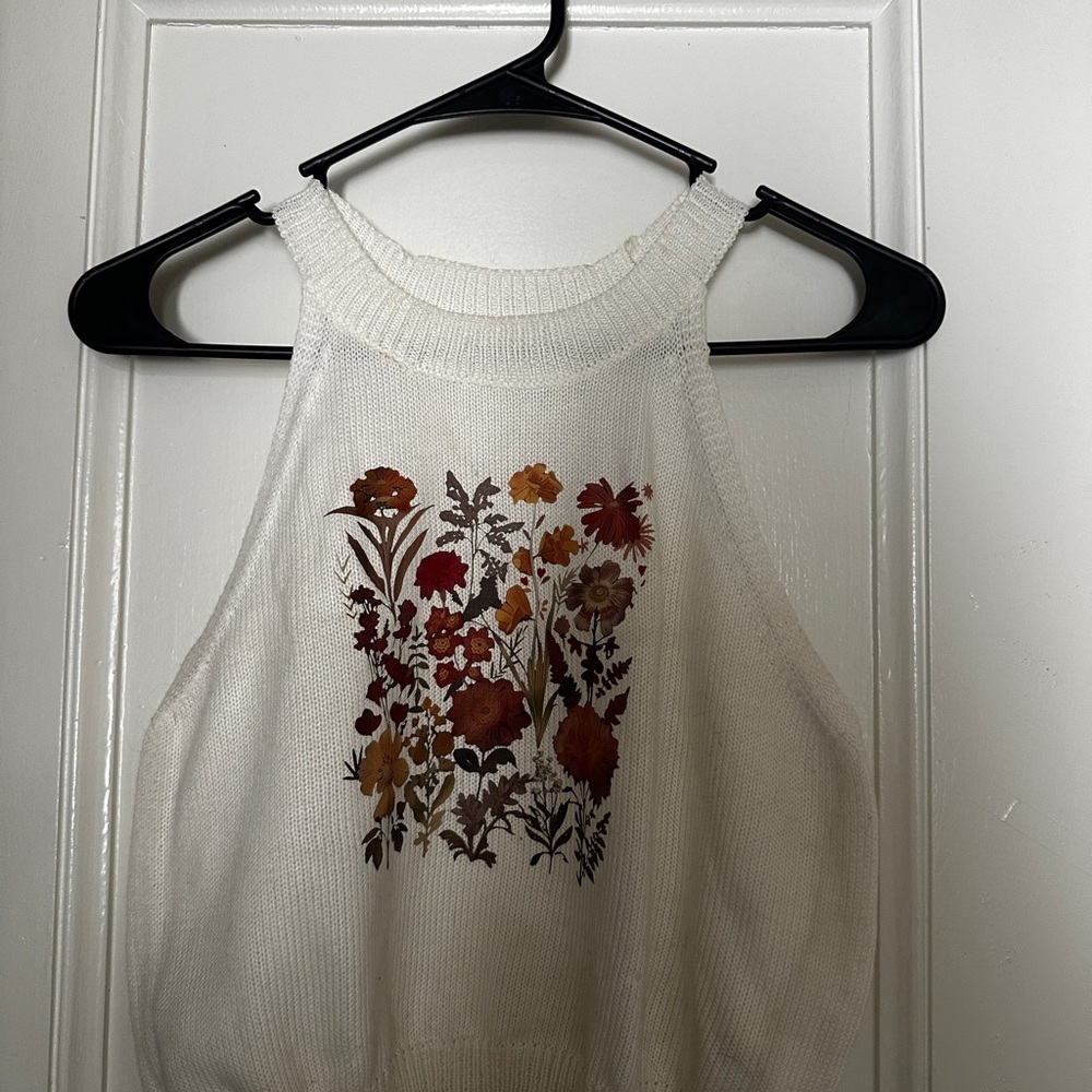 White Floral Knit Halter Tank with Rust & Mustard Blooms